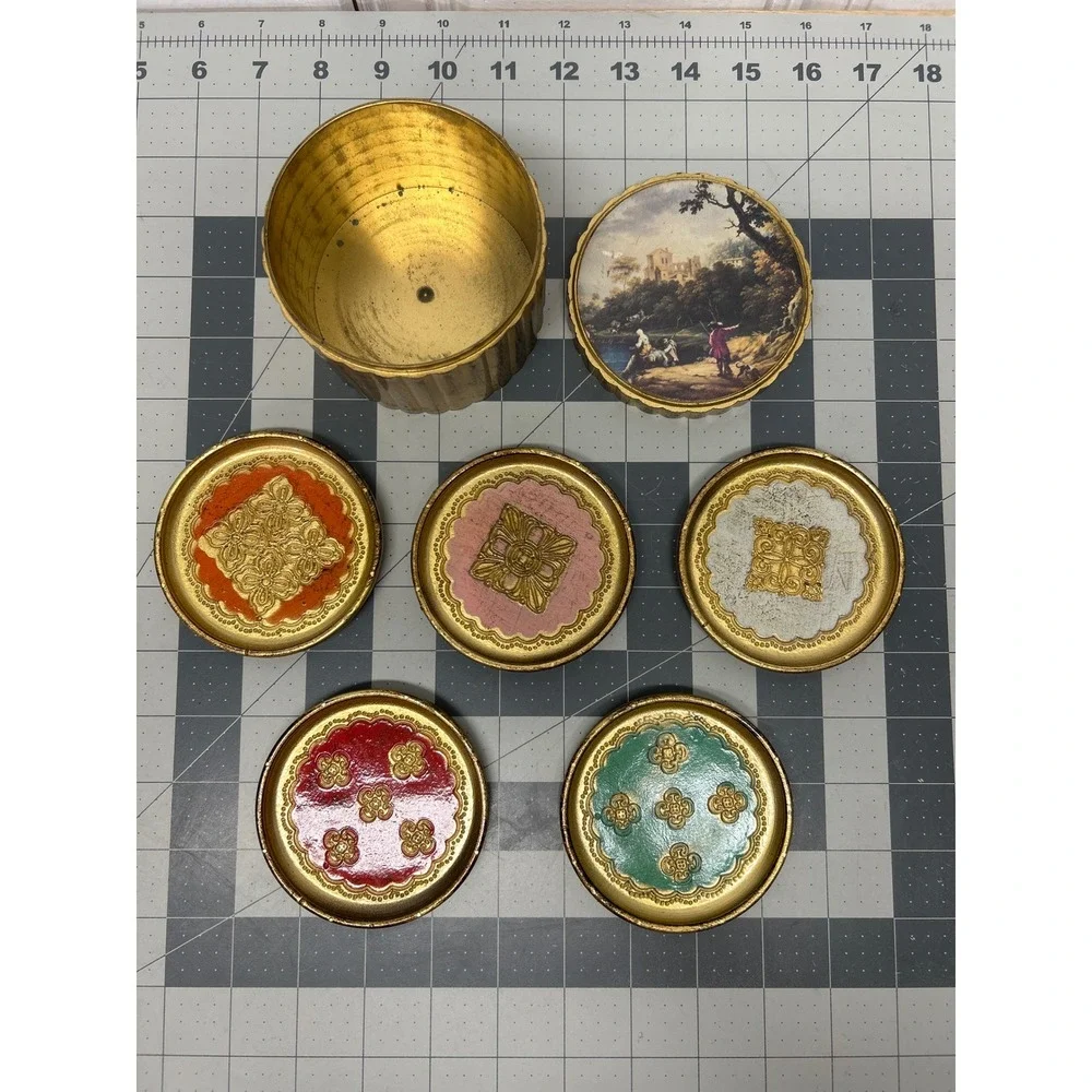 Handpainted Florentine 6pc Coaster Set Gold Gilt Italian Hunting Horses